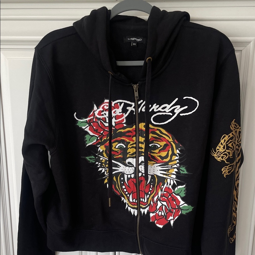 Ed Hardy tiger Women's zip Up cropped Hoodie sweatshirt black size 2X